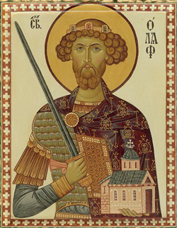 Икона редкого канона, где Св. Олаф изображен с мечом (находится в частном собрании в Финляндии)